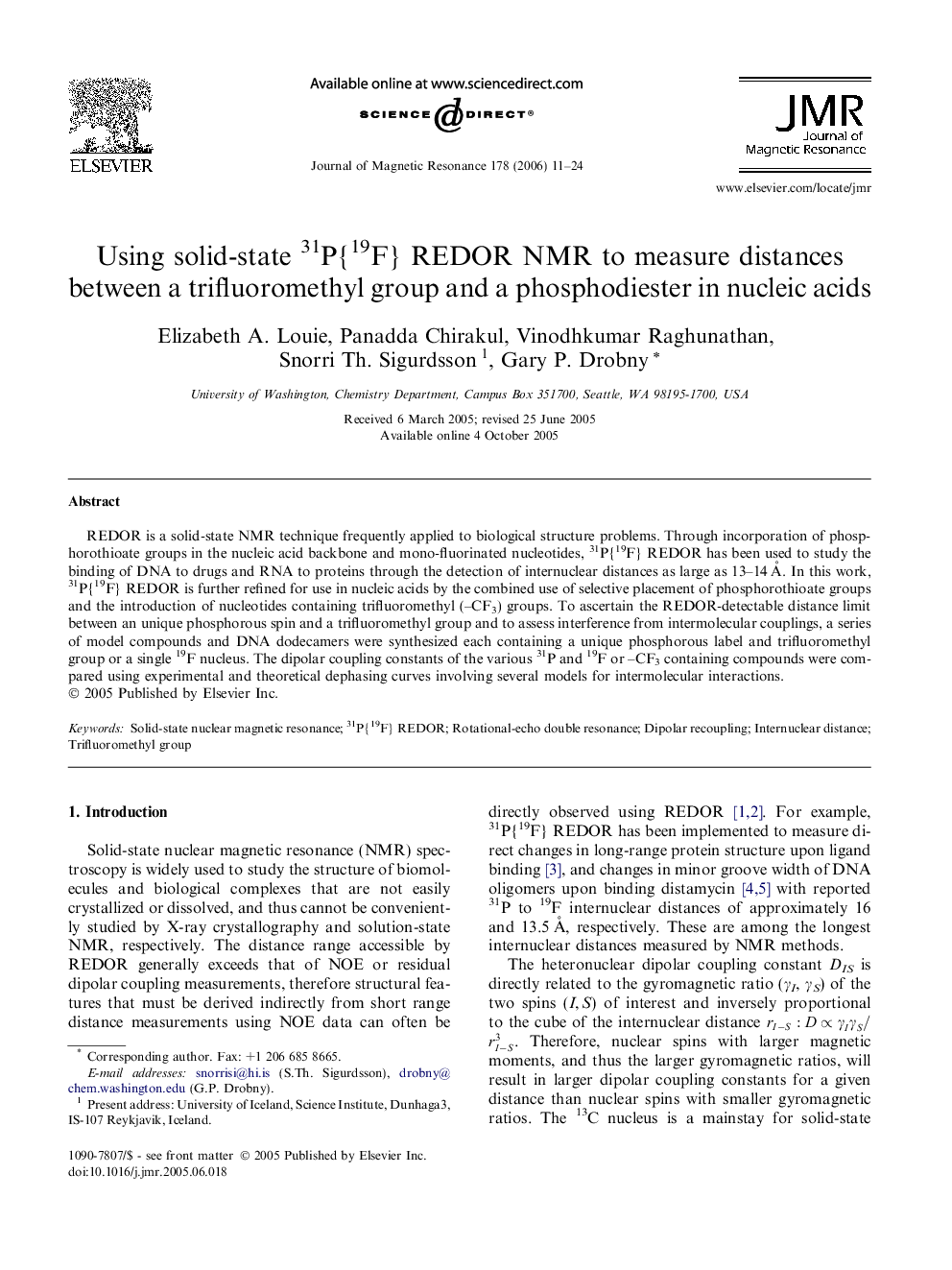 Using solid-state 31P{19F} REDOR NMR to measure distances between a trifluoromethyl group and a phosphodiester in nucleic acids