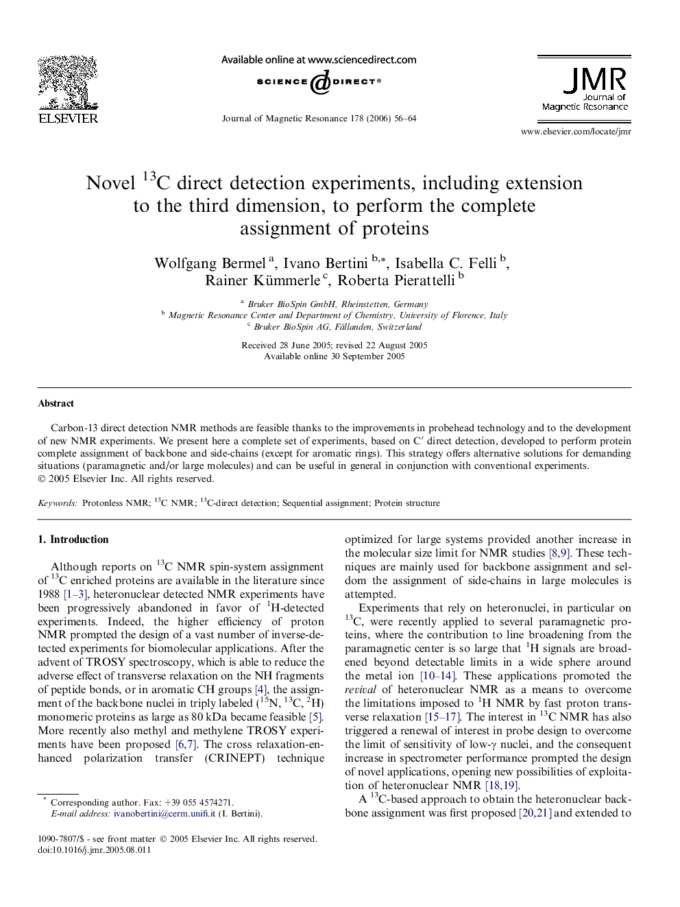 Novel 13C direct detection experiments, including extension to the third dimension, to perform the complete assignment of proteins