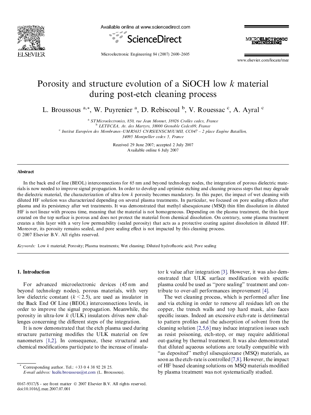 Porosity and structure evolution of a SiOCH low k material during post-etch cleaning process