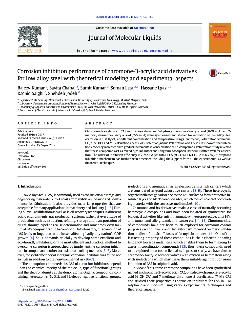 Corrosion inhibition performance of chromone-3-acrylic acid derivatives for low alloy steel with theoretical modeling and experimental aspects