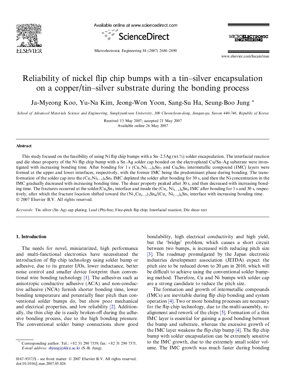 Reliability of nickel flip chip bumps with a tin–silver encapsulation on a copper/tin–silver substrate during the bonding process