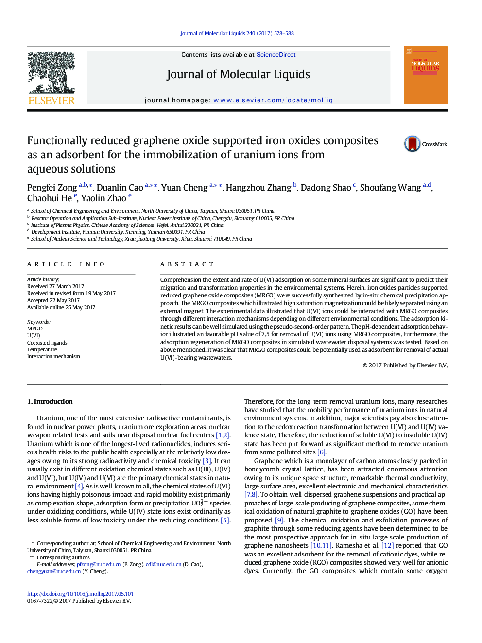 Functionally reduced graphene oxide supported iron oxides composites as an adsorbent for the immobilization of uranium ions from aqueous solutions