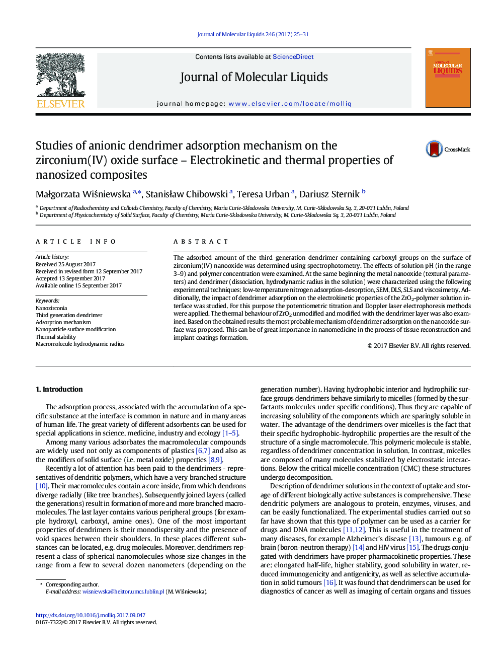 Studies of anionic dendrimer adsorption mechanism on the zirconium(IV) oxide surface - Electrokinetic and thermal properties of nanosized composites