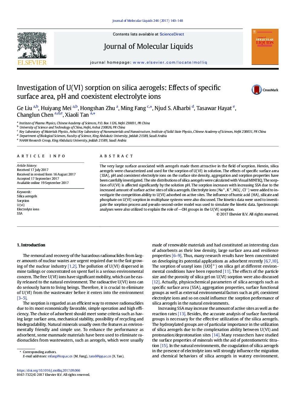 Investigation of U(VI) sorption on silica aerogels: Effects of specific surface area, pH and coexistent electrolyte ions