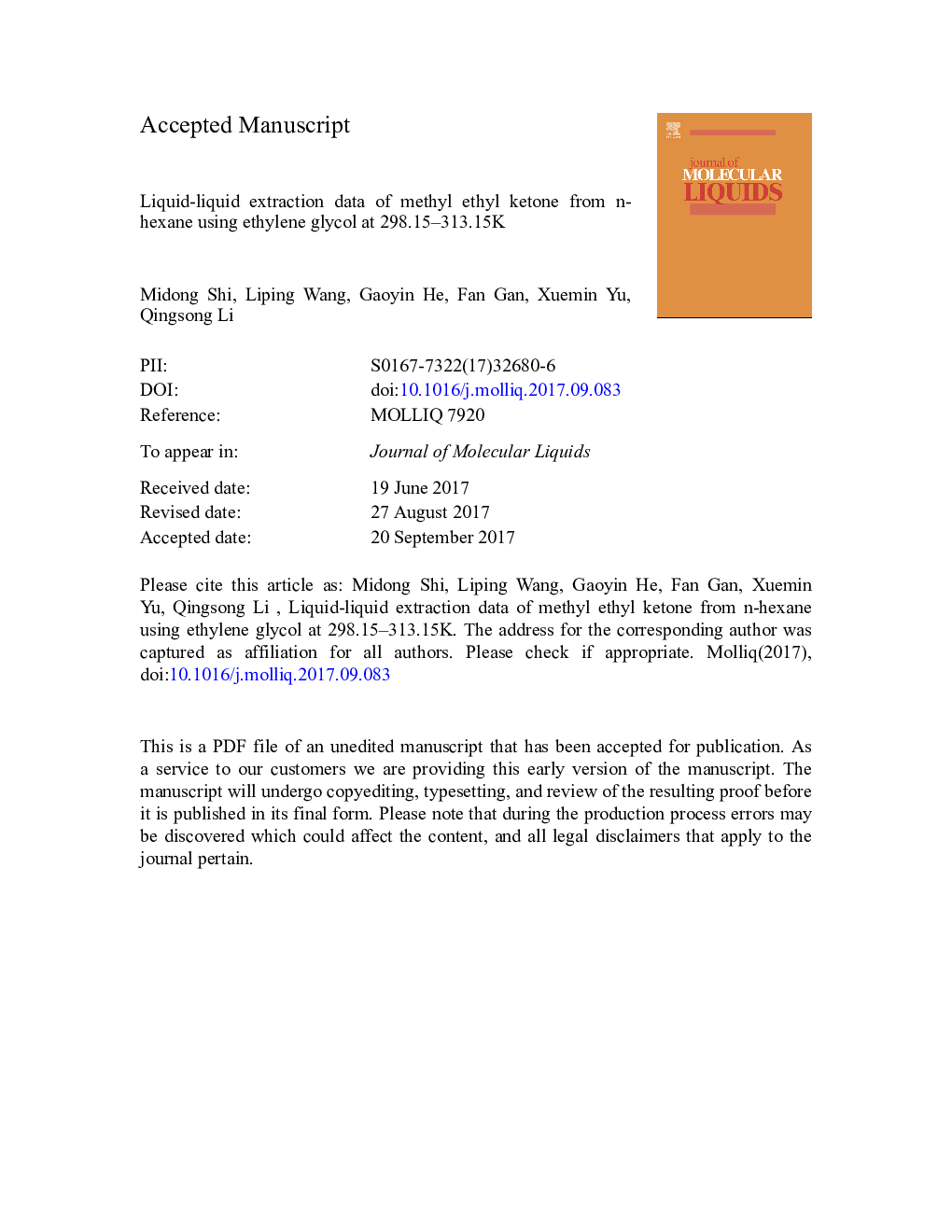 Liquid-liquid extraction data of methyl ethyl ketone from n-hexane using ethylene glycol at 298.15-313.15Â K