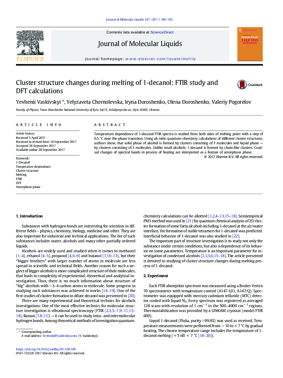 Cluster structure changes during melting of 1-decanol: FTIR study and DFT calculations