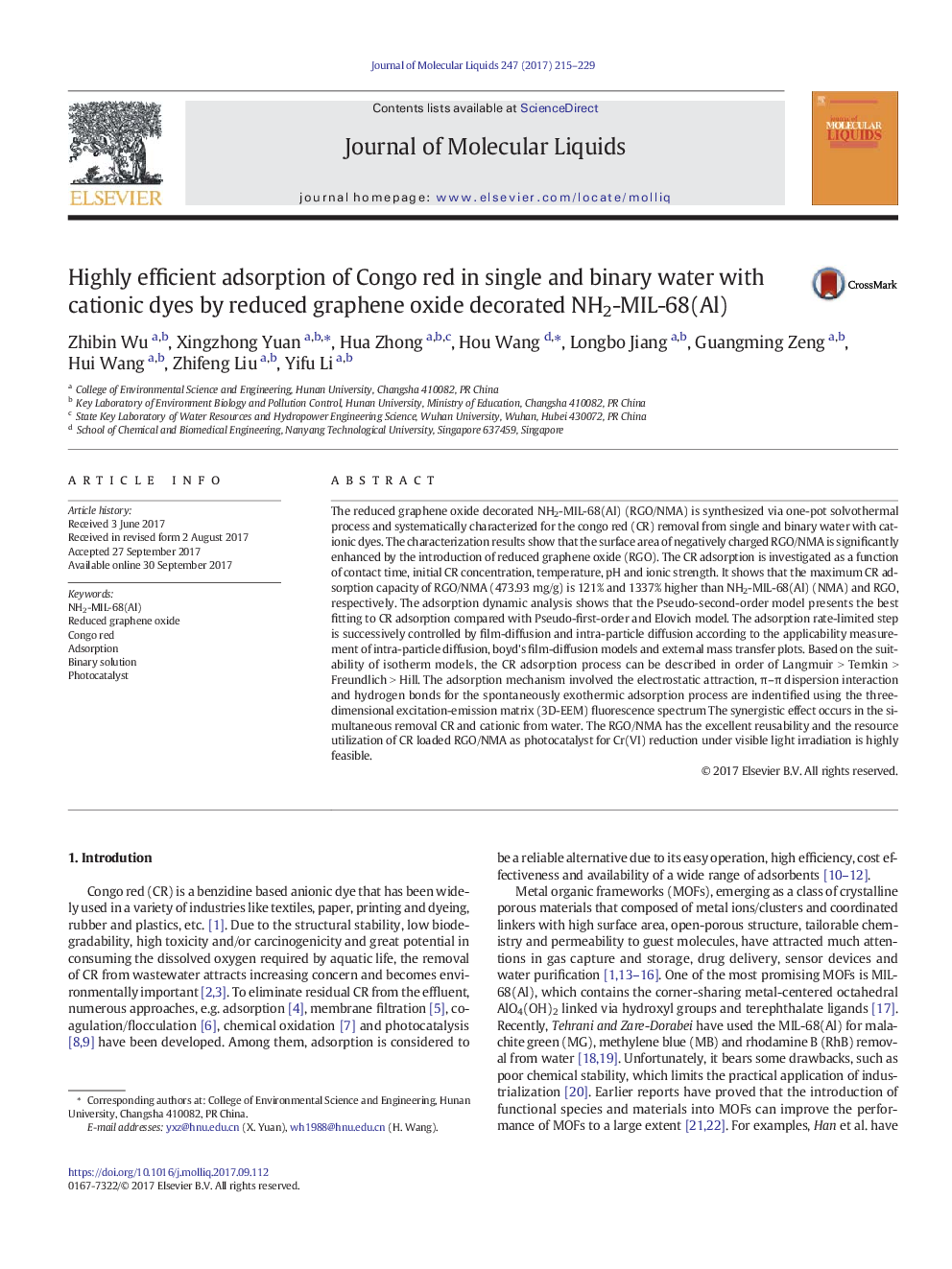 Highly efficient adsorption of Congo red in single and binary water with cationic dyes by reduced graphene oxide decorated NH2-MIL-68(Al)