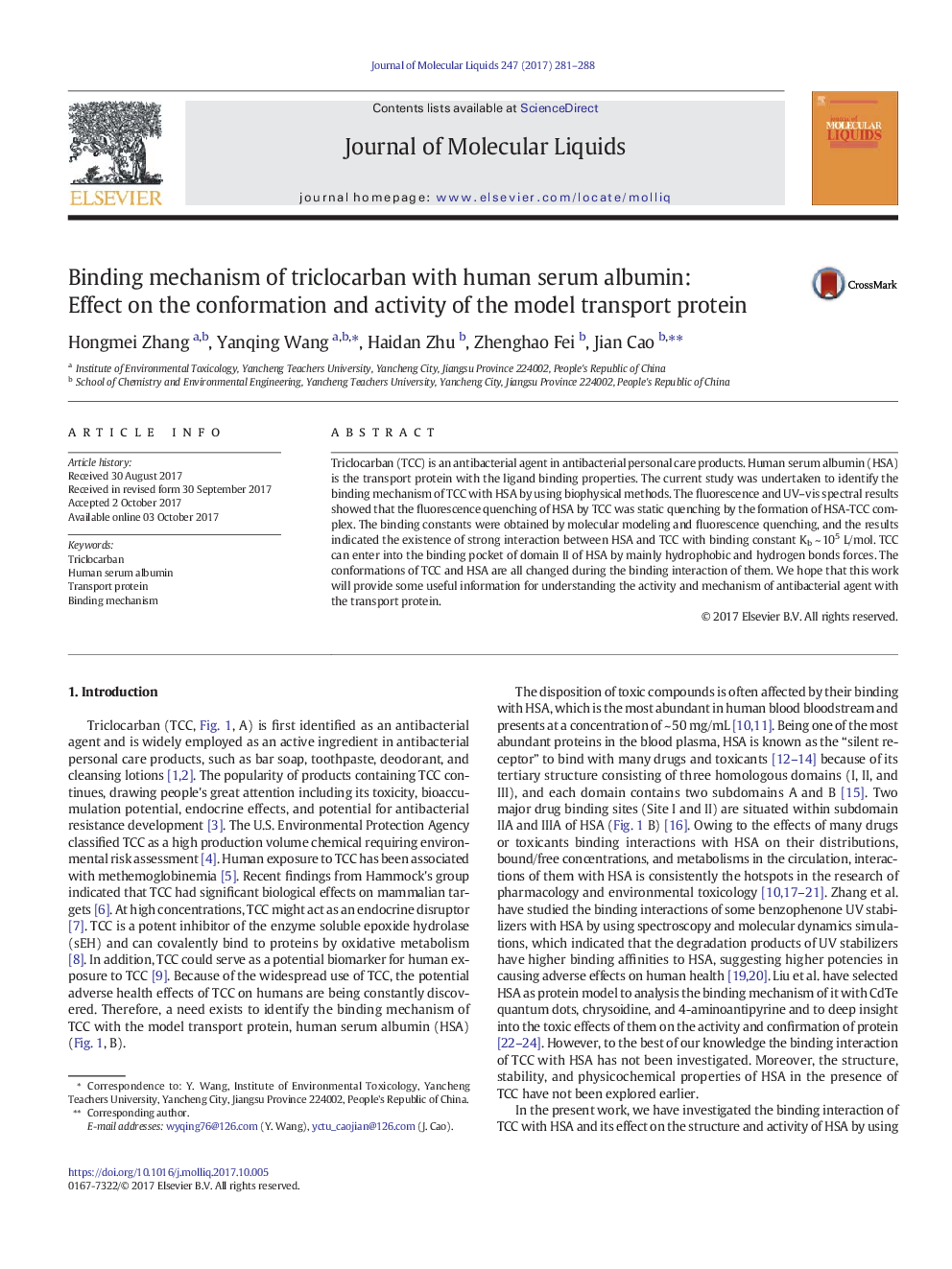 Binding mechanism of triclocarban with human serum albumin: Effect on the conformation and activity of the model transport protein