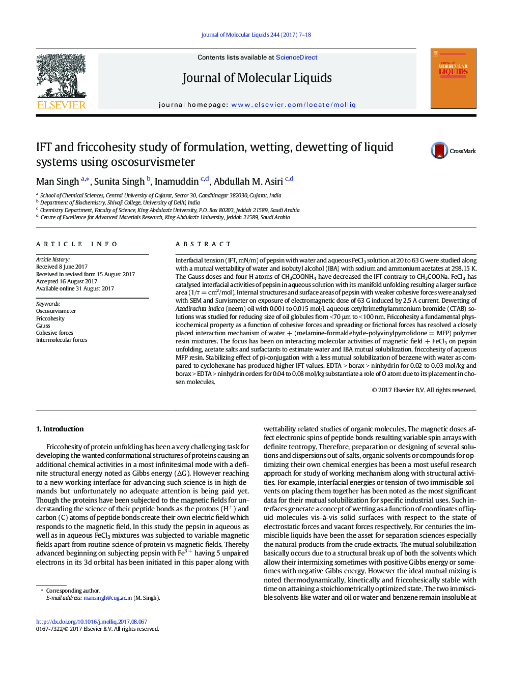 IFT and friccohesity study of formulation, wetting, dewetting of liquid systems using oscosurvismeter