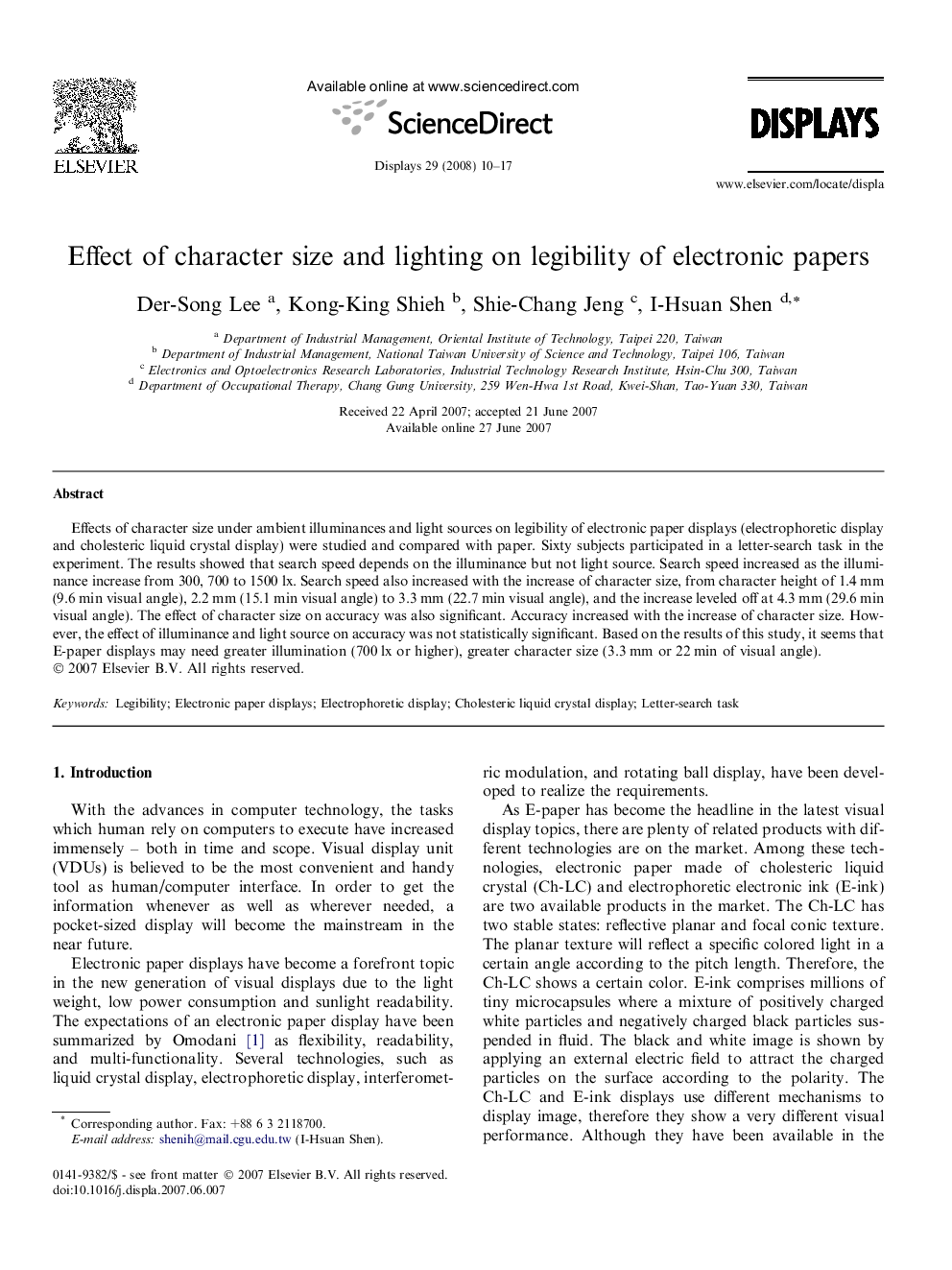 Effect of character size and lighting on legibility of electronic papers