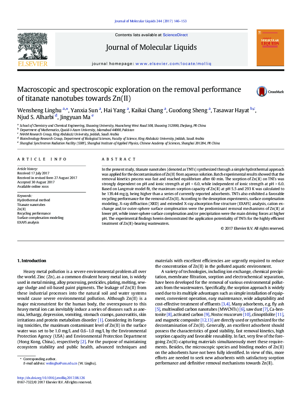 عکس صفحه اول مقاله: Macroscopic and spectroscopic exploration on the removal performance of titanate nanotubes towards Zn(II) Macroscopic and spectroscopic exploration on the removal performance of titanate nanotubes towards Zn(II)