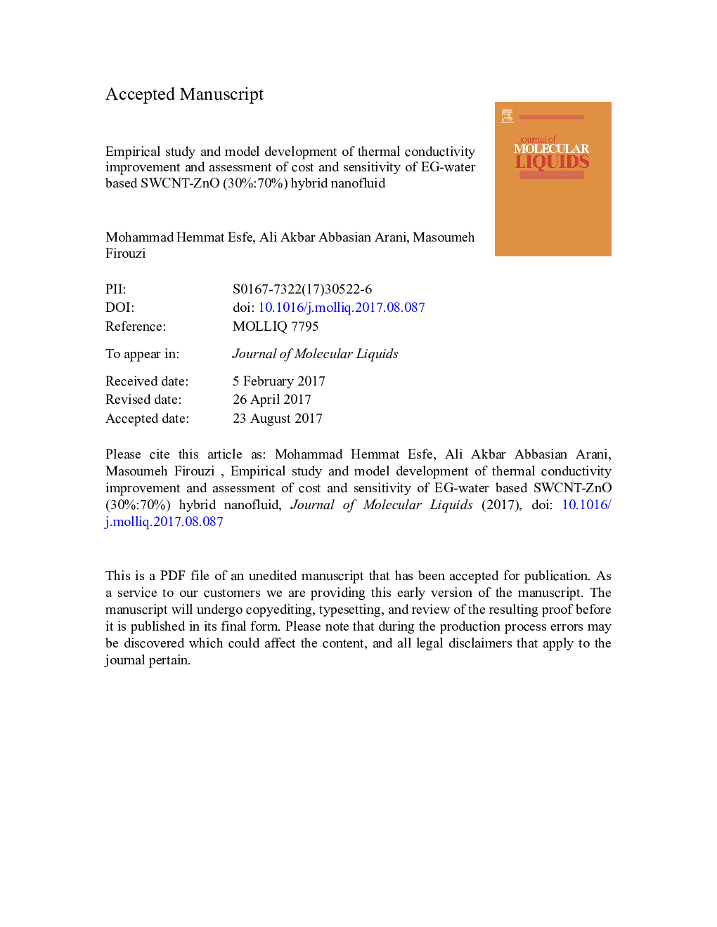 Empirical study and model development of thermal conductivity improvement and assessment of cost and sensitivity of EG-water based SWCNT-ZnO (30%:70%) hybrid nanofluid