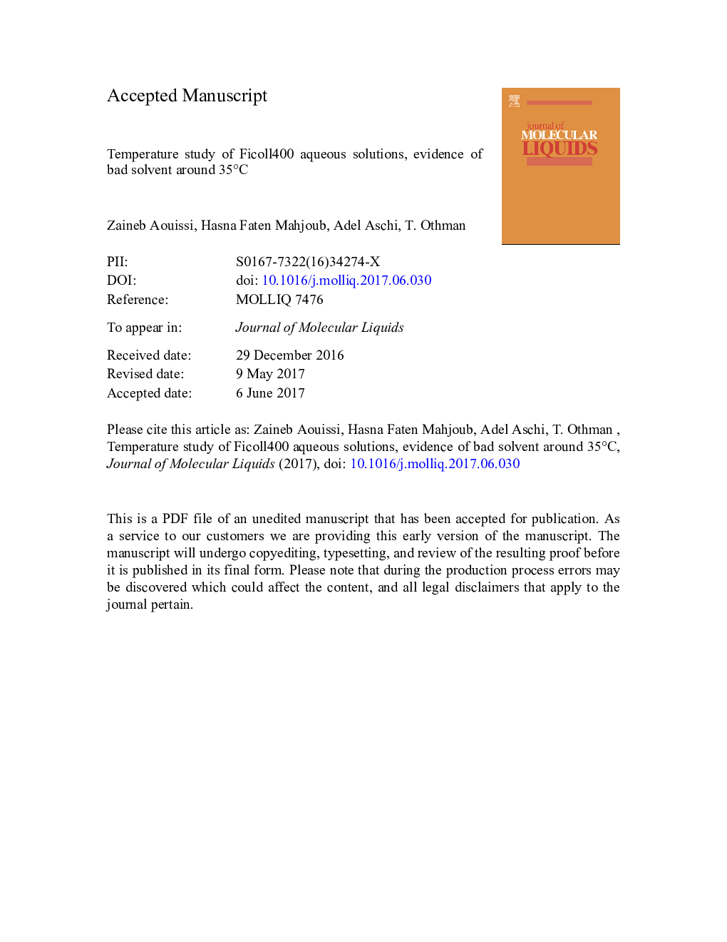 Temperature study of Ficoll400 aqueous solutions, evidence of bad solvent around 35Â Â°C