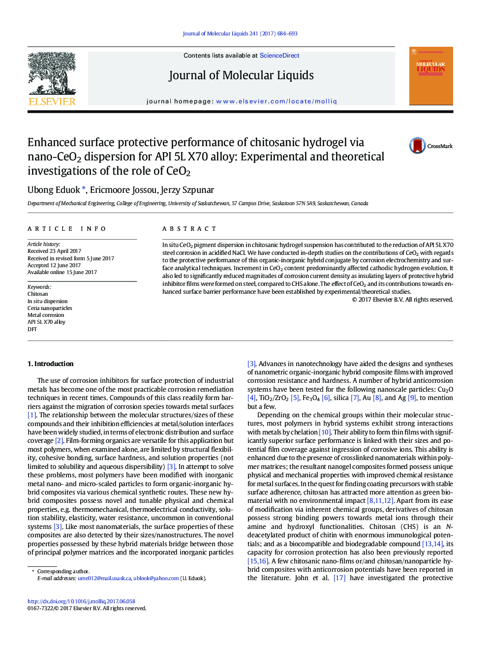 Enhanced surface protective performance of chitosanic hydrogel via nano-CeO2 dispersion for API 5L X70 alloy: Experimental and theoretical investigations of the role of CeO2