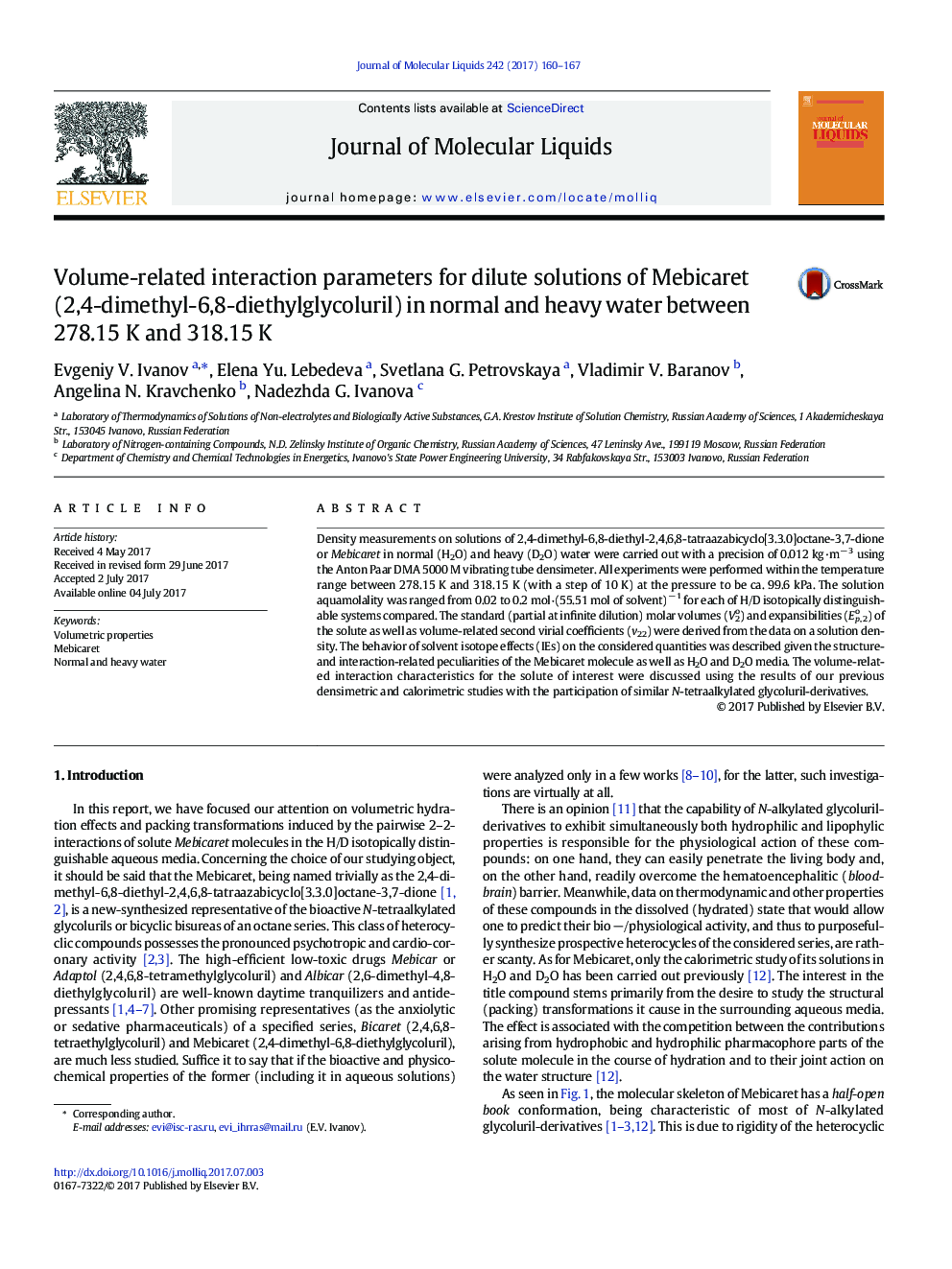 Volume-related interaction parameters for dilute solutions of Mebicaret (2,4-dimethyl-6,8-diethylglycoluril) in normal and heavy water between 278.15Â K and 318.15Â K