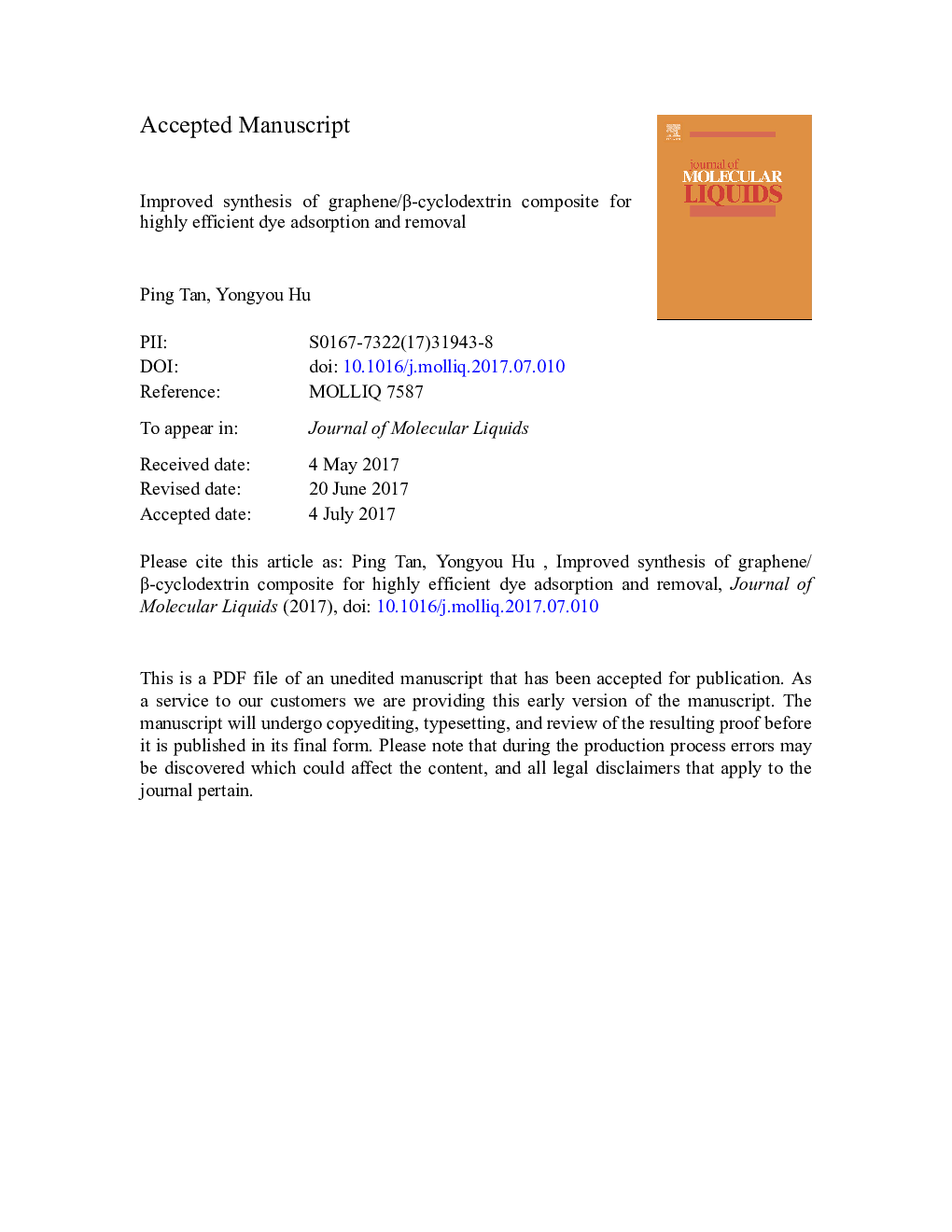 Improved synthesis of graphene/Î²-cyclodextrin composite for highly efficient dye adsorption and removal