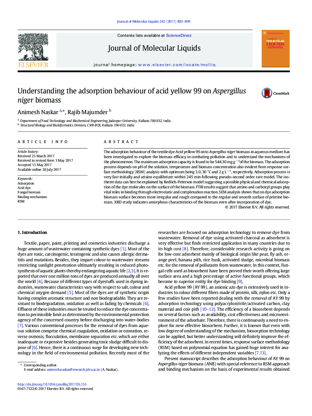 Understanding the adsorption behaviour of acid yellow 99 on Aspergillus niger biomass