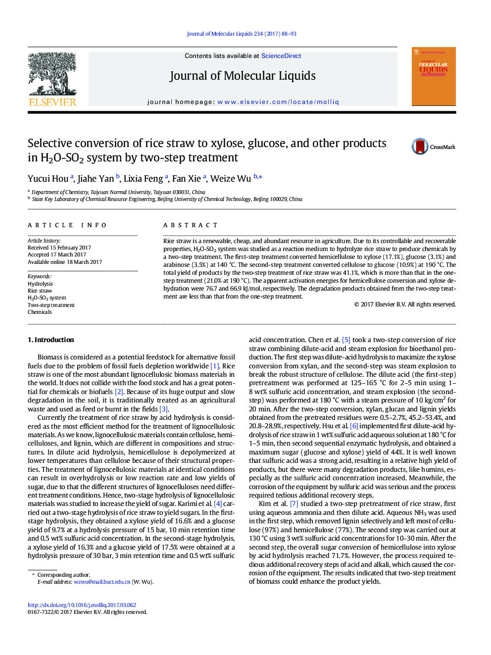 Selective conversion of rice straw to xylose, glucose, and other products in H2O-SO2 system by two-step treatment