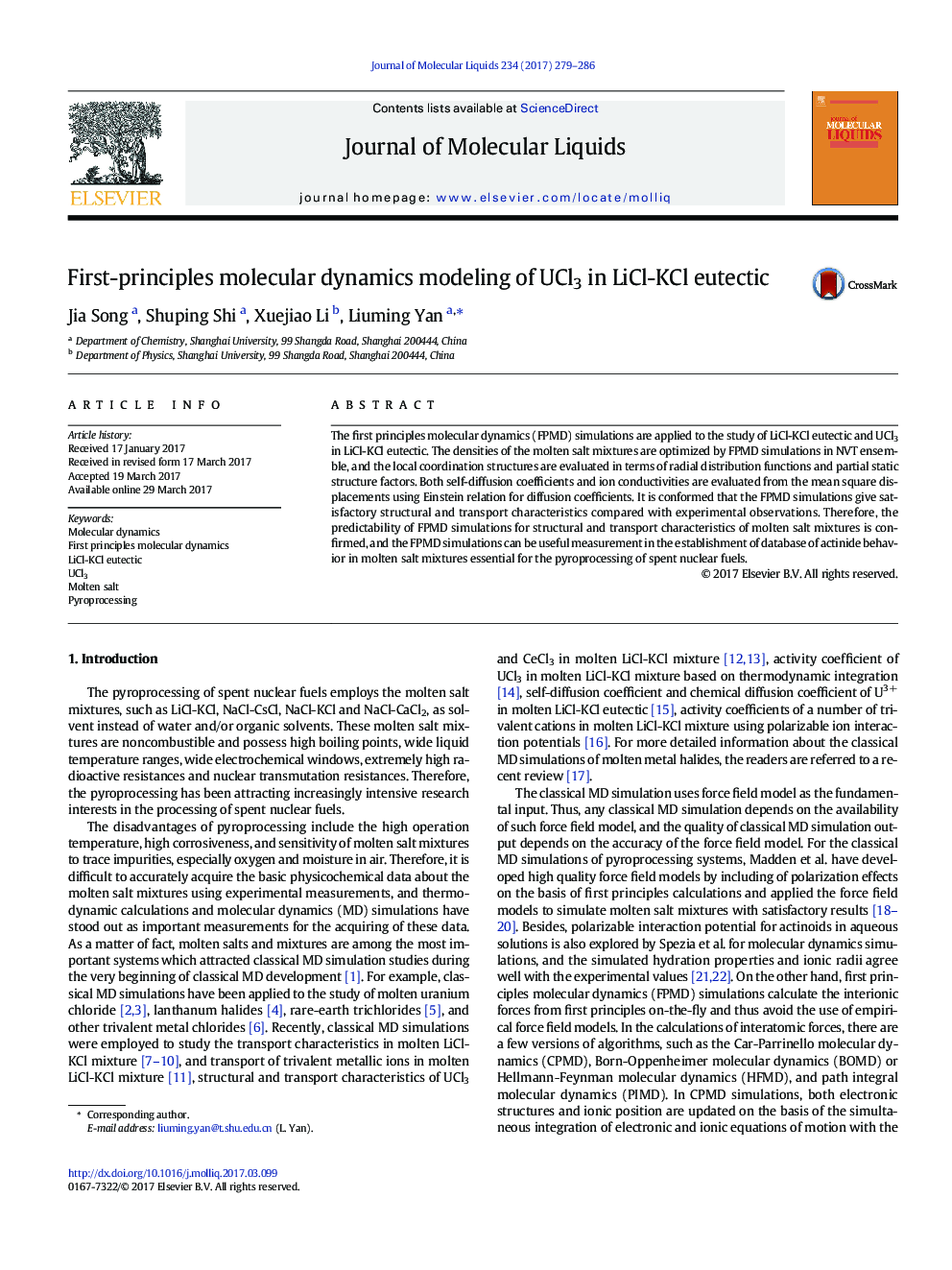 First-principles molecular dynamics modeling of UCl3 in LiCl-KCl eutectic