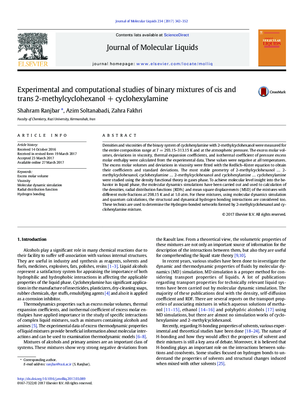 Experimental and computational studies of binary mixtures of cis and trans 2-methylcyclohexanolÂ +Â cyclohexylamine