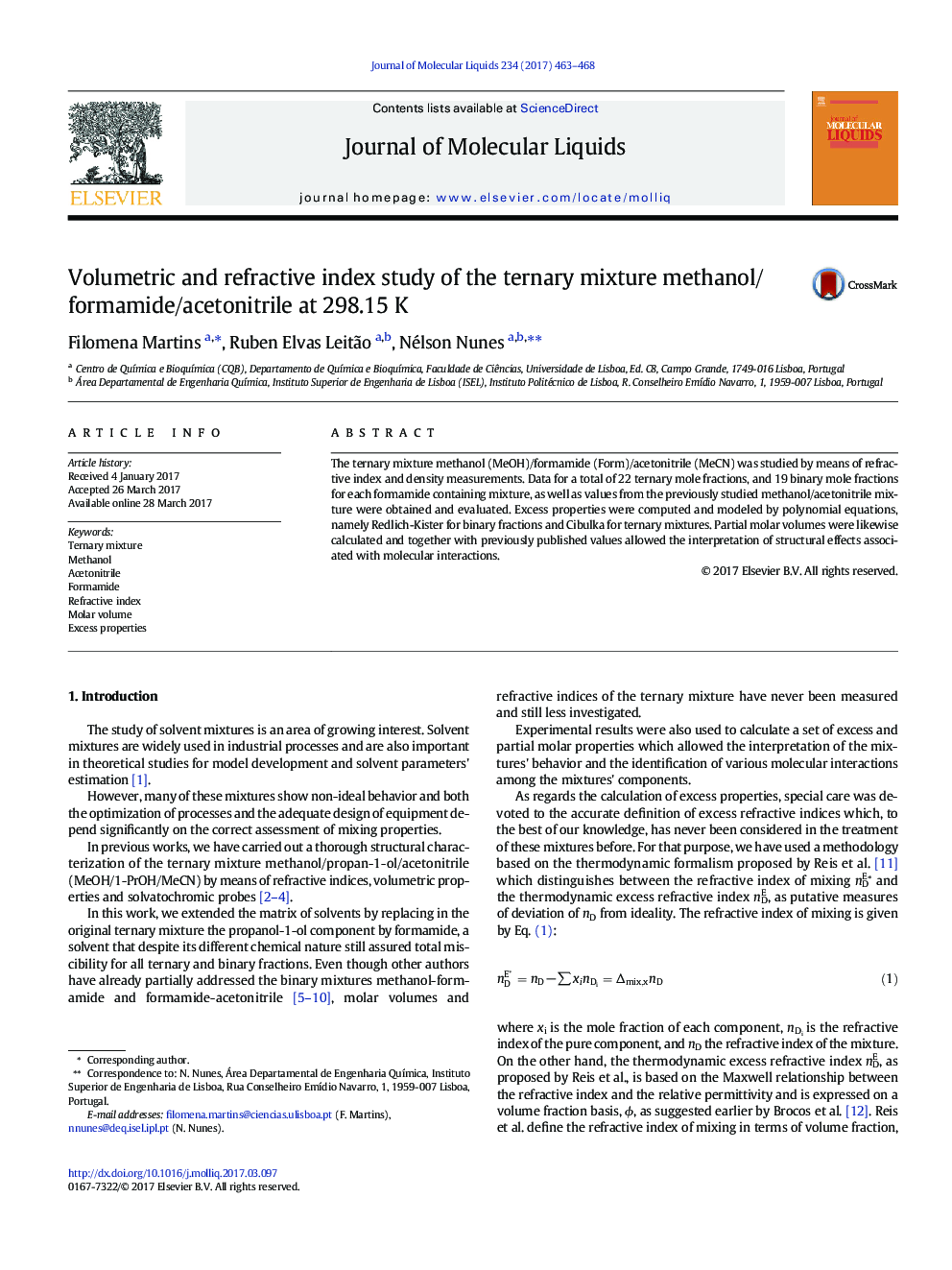 Volumetric and refractive index study of the ternary mixture methanol/formamide/acetonitrile at 298.15Â K