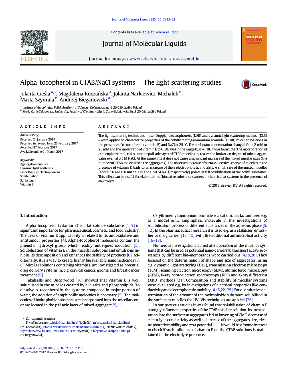 Alpha-tocopherol in CTAB/NaCl systems - The light scattering studies