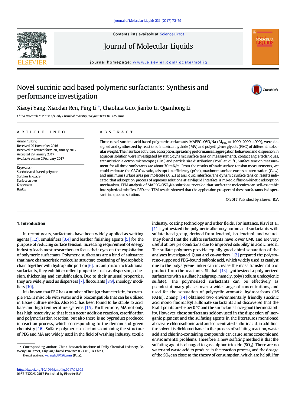 Novel succinic acid based polymeric surfactants: Synthesis and performance investigation