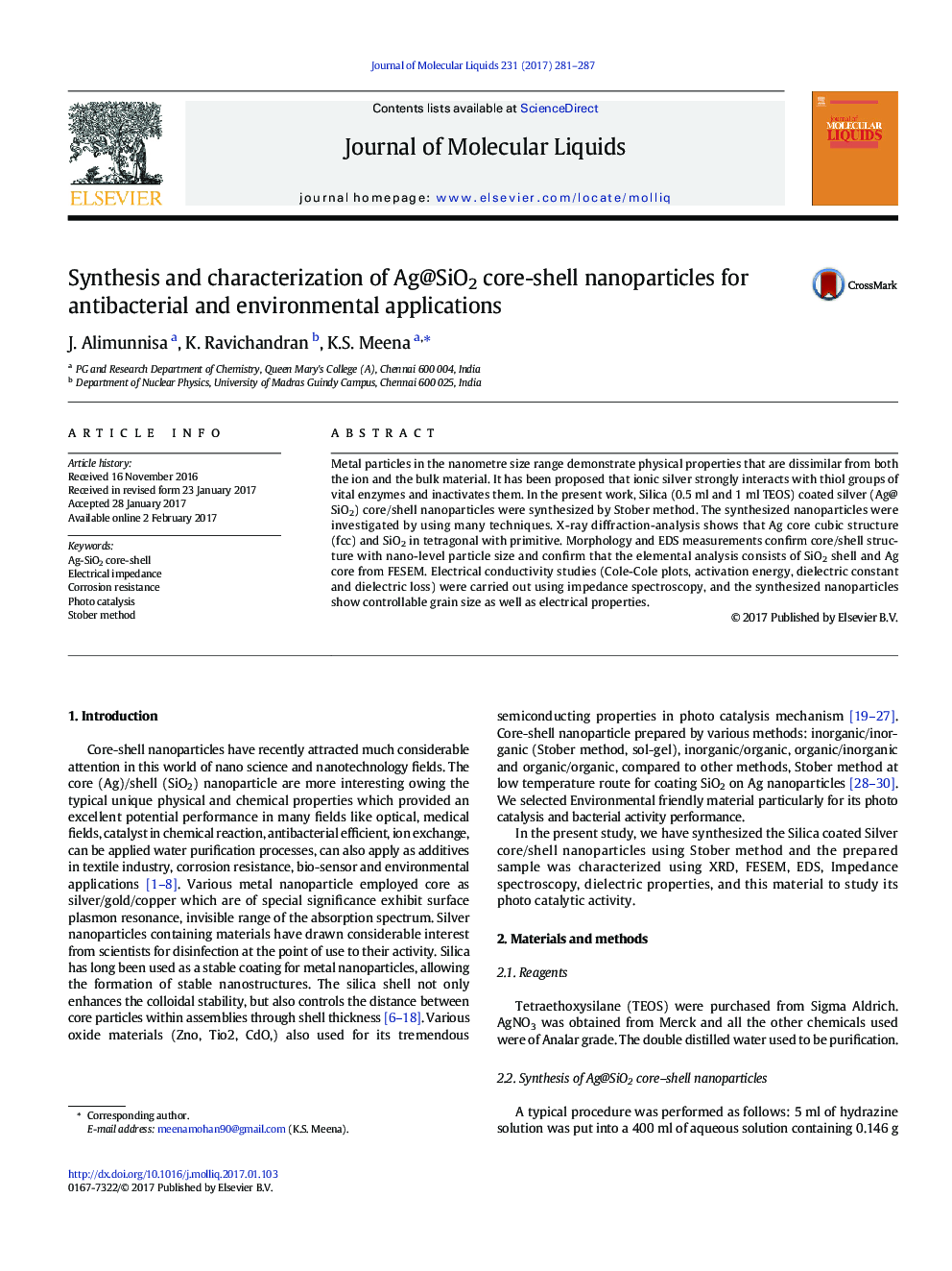 Synthesis and characterization of Ag@SiO2 core-shell nanoparticles for antibacterial and environmental applications