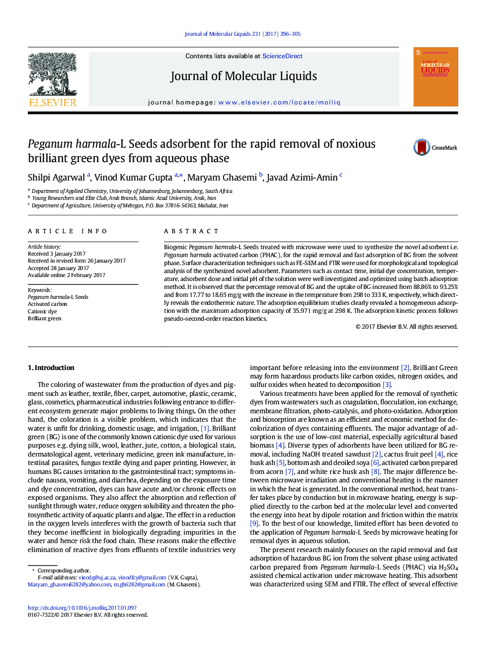 Peganum harmala-L Seeds adsorbent for the rapid removal of noxious brilliant green dyes from aqueous phase