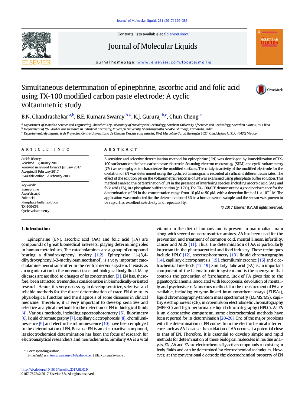 Simultaneous determination of epinephrine, ascorbic acid and folic acid using TX-100 modified carbon paste electrode: A cyclic voltammetric study
