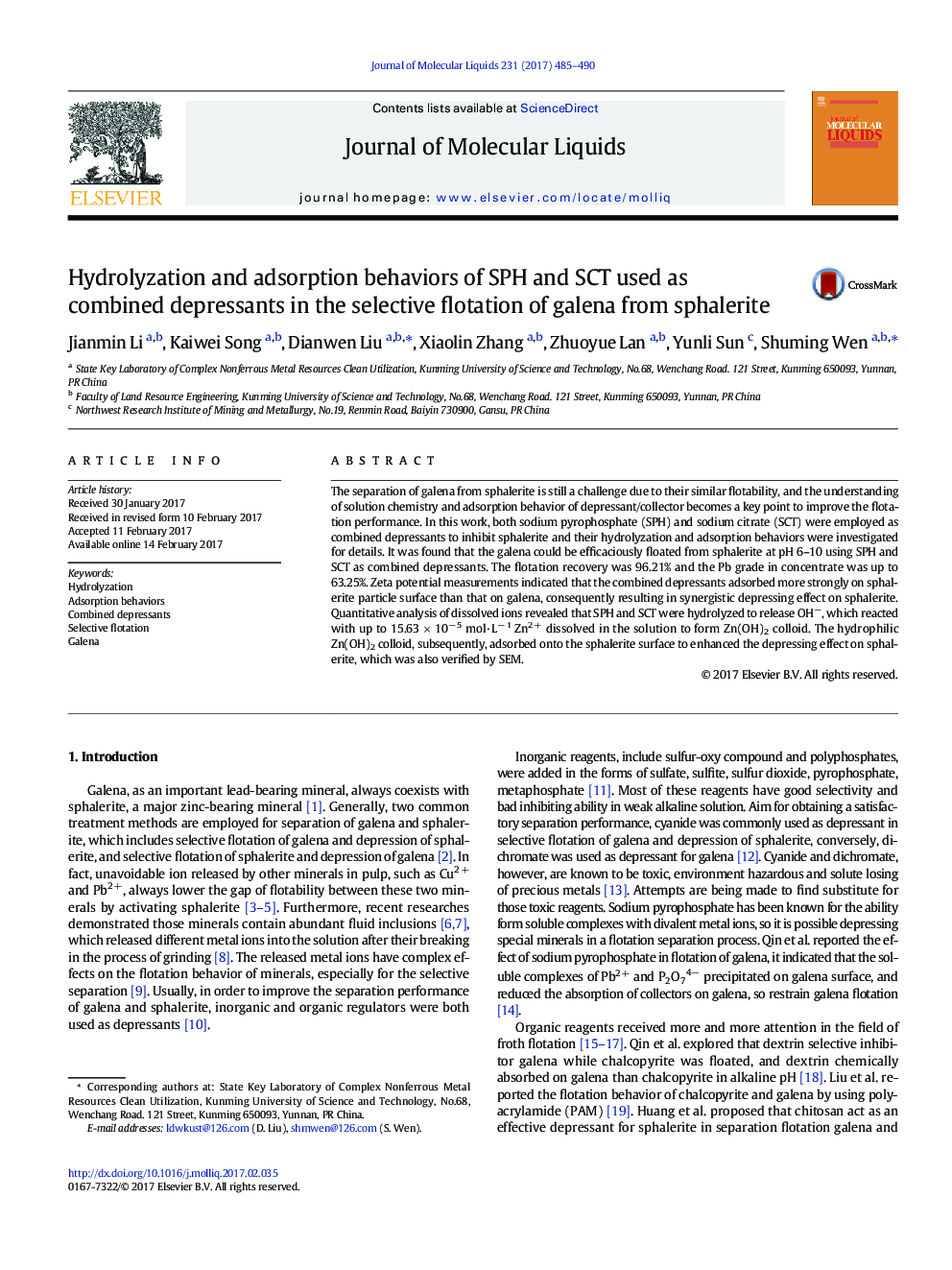 Hydrolyzation and adsorption behaviors of SPH and SCT used as combined depressants in the selective flotation of galena from sphalerite