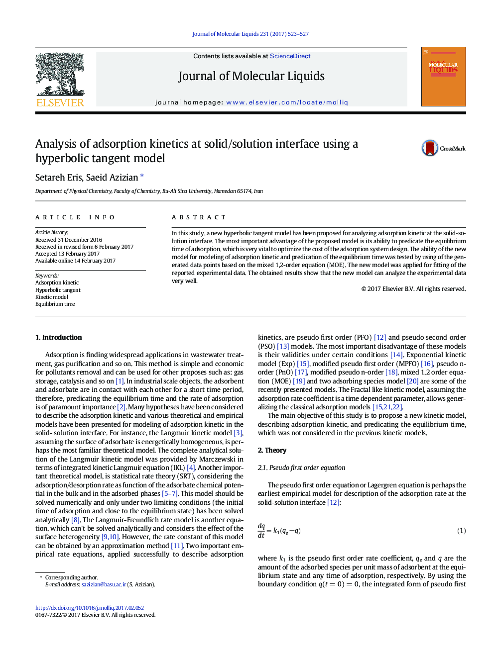 Analysis of adsorption kinetics at solid/solution interface using a hyperbolic tangent model