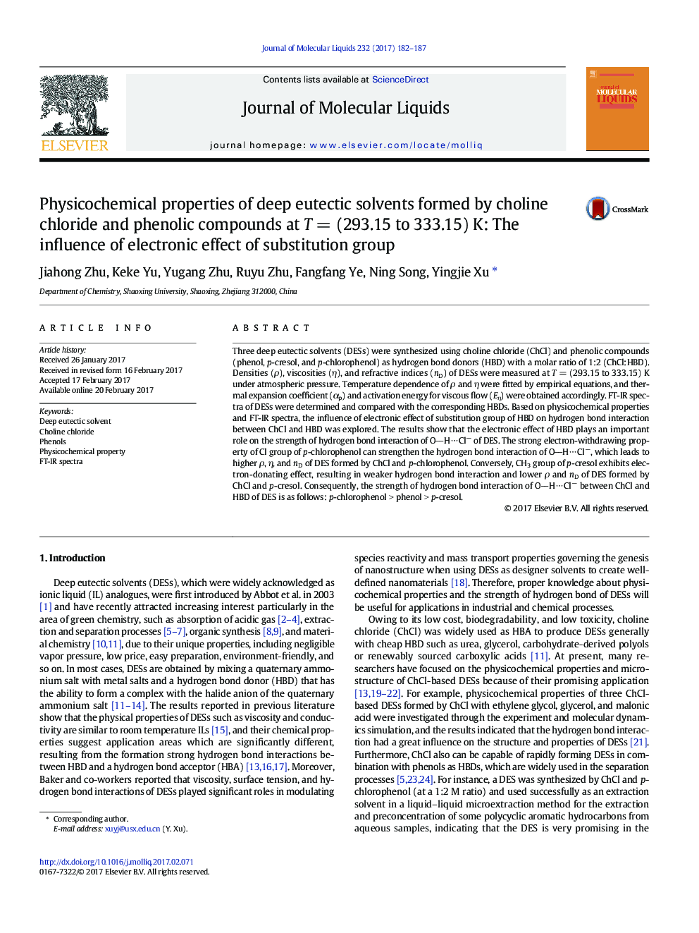 Physicochemical properties of deep eutectic solvents formed by choline chloride and phenolic compounds at TÂ =Â (293.15 to 333.15)Â K: The influence of electronic effect of substitution group