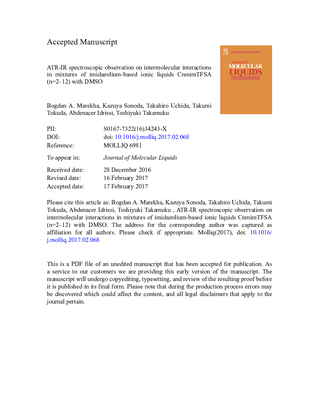 ATR-IR spectroscopic observation on intermolecular interactions in mixtures of imidazolium-based ionic liquids CnmimTFSA (nÂ =Â 2-12) with DMSO