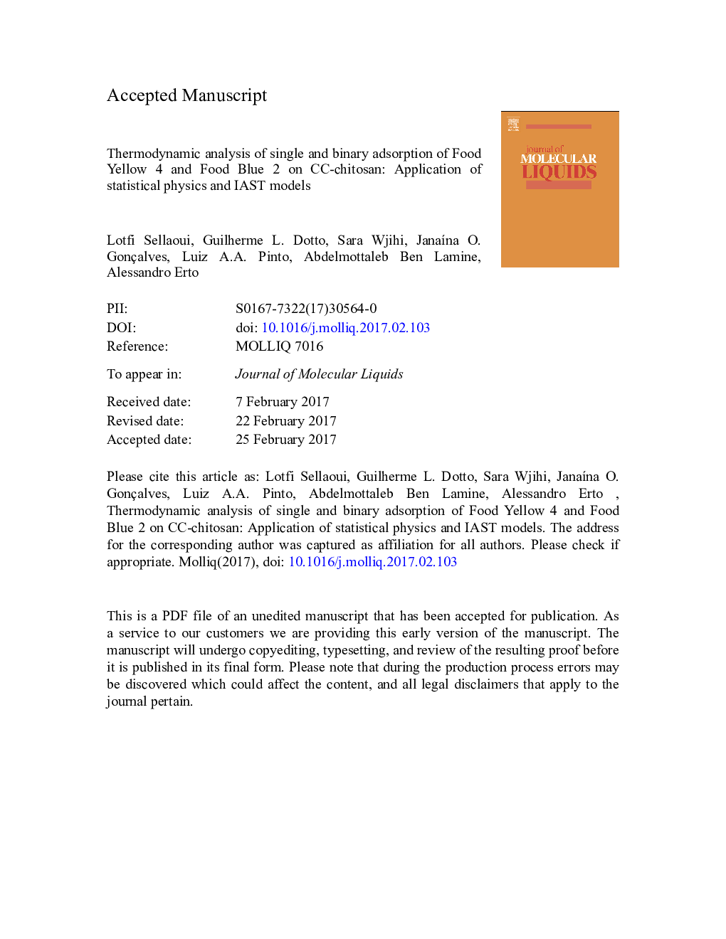 Thermodynamic analysis of single and binary adsorption of Food Yellow 4 and Food Blue 2 on CC-chitosan: Application of statistical physics and IAST models