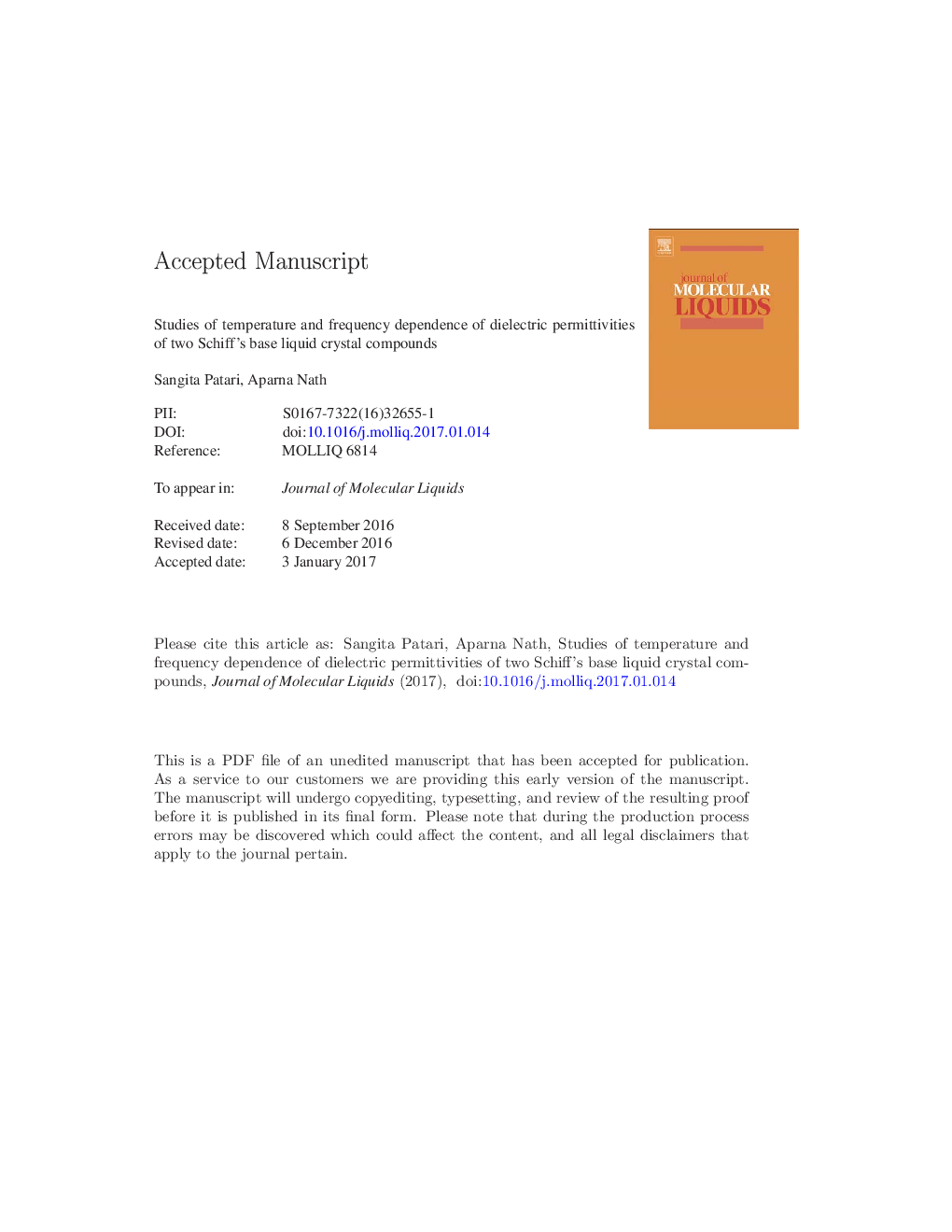 عکس صفحه اول مقاله: Studies of temperature and frequency dependence of dielectric permittivities of two Schiff's base liquid crystal compounds Studies of temperature and frequency dependence of dielectric permittivities of two Schiff's base liquid crystal compounds