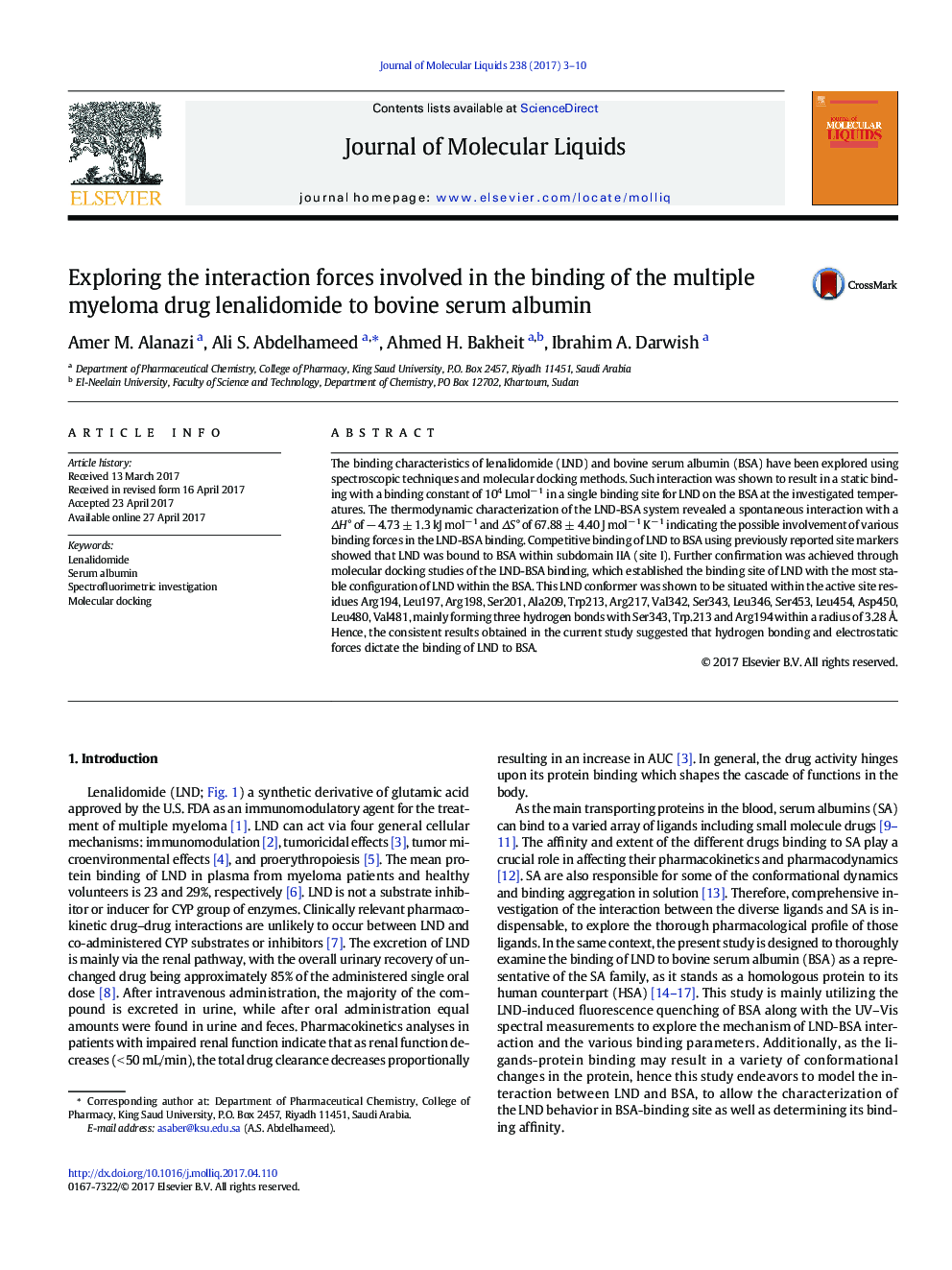 Exploring the interaction forces involved in the binding of the multiple myeloma drug lenalidomide to bovine serum albumin