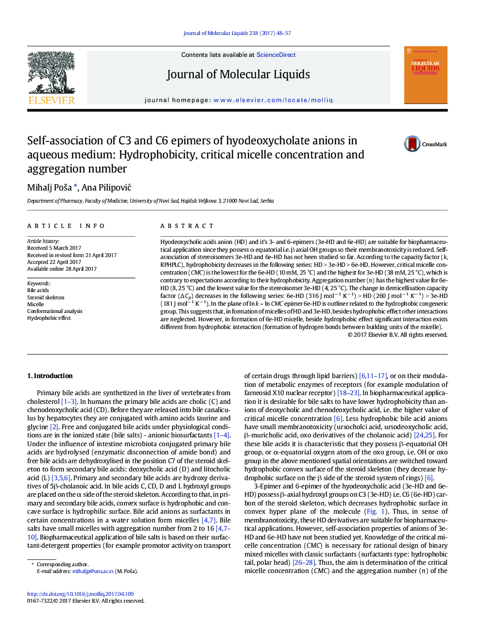 Self-association of C3 and C6 epimers of hyodeoxycholate anions in aqueous medium: Hydrophobicity, critical micelle concentration and aggregation number