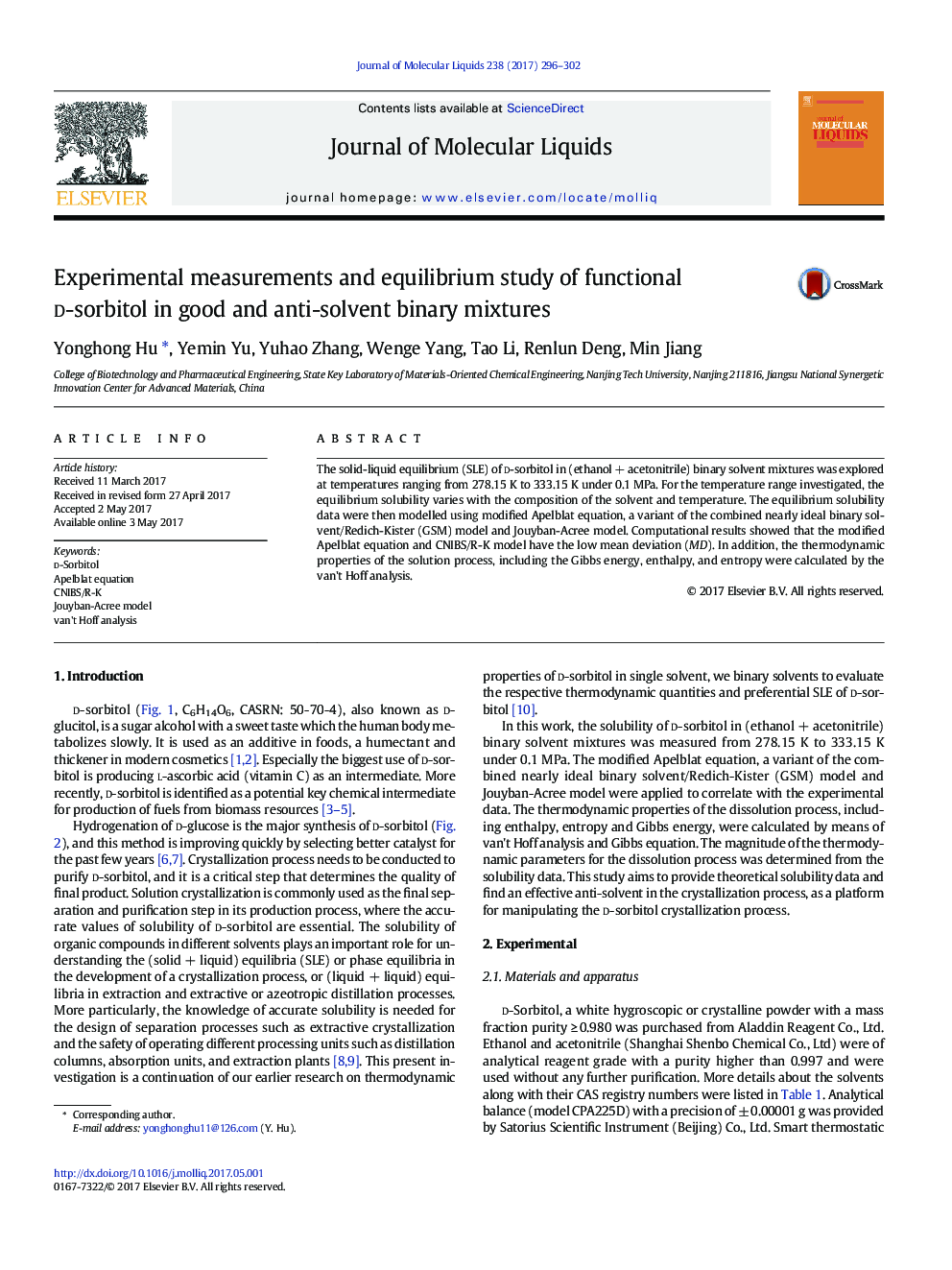 Experimental measurements and equilibrium study of functional d-sorbitol in good and anti-solvent binary mixtures