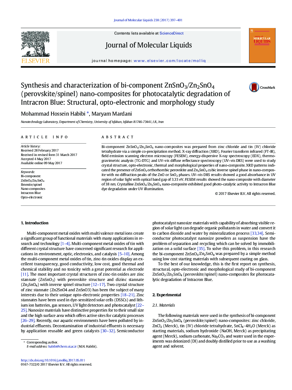 Synthesis and characterization of bi-component ZnSnO3/Zn2SnO4 (perovskite/spinel) nano-composites for photocatalytic degradation of Intracron Blue: Structural, opto-electronic and morphology study