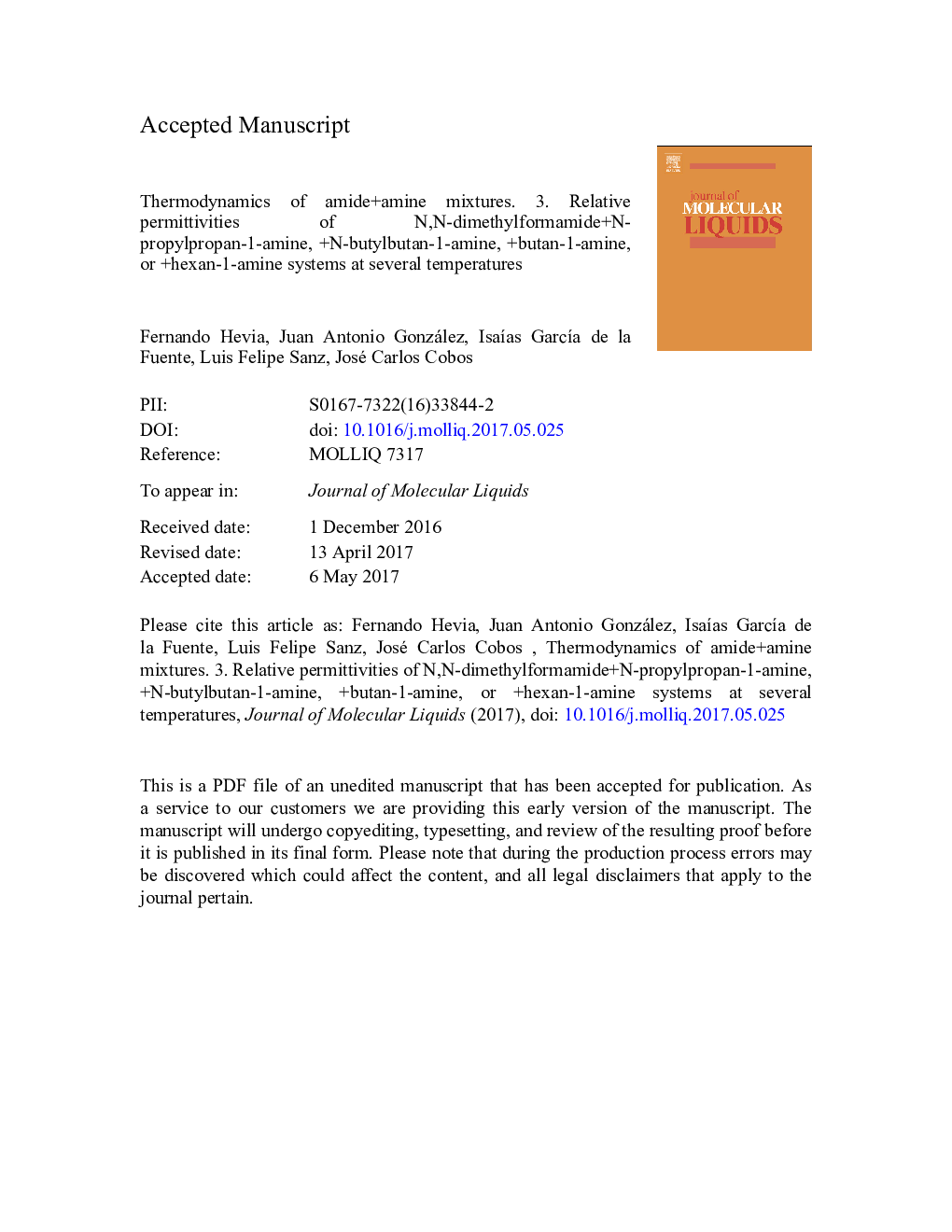 Thermodynamics of amideÂ +Â amine mixtures. 3. Relative permittivities of N,N-dimethylformamideÂ +Â N-propylpropan-1-amine, +Â N-butylbutan-1-amine, +Â butan-1-amine, or +Â hexan-1-amine systems at several temperatures