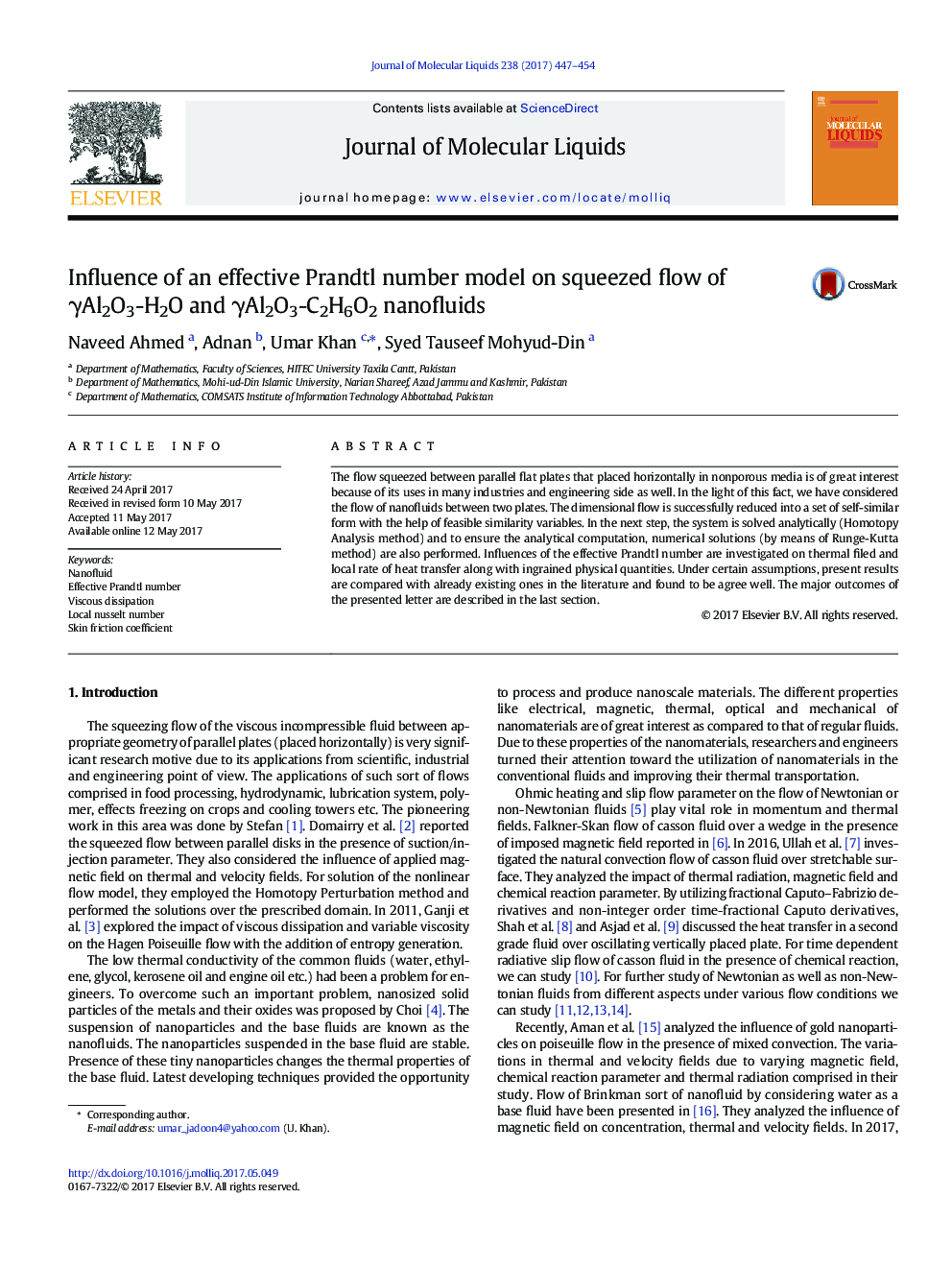 Influence of an effective Prandtl number model on squeezed flow of Î³Al2O3-H2O and Î³Al2O3-C2H6O2 nanofluids