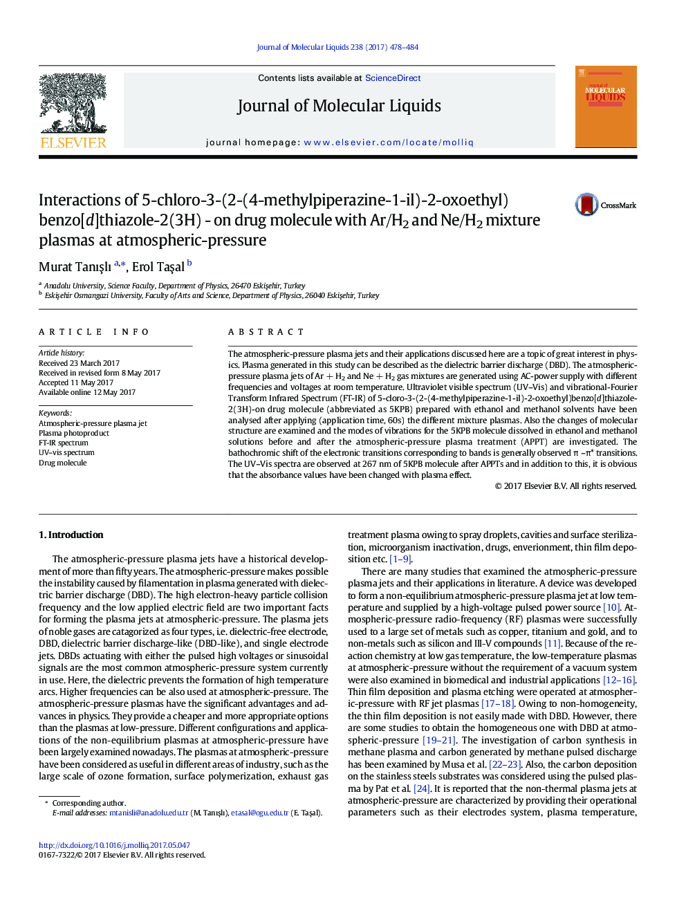 Interactions of 5-chloro-3-(2-(4-methylpiperazine-1-il)-2-oxoethyl)benzo[d]thiazole-2(3H) - on drug molecule with Ar/H2 and Ne/H2 mixture plasmas at atmospheric-pressure