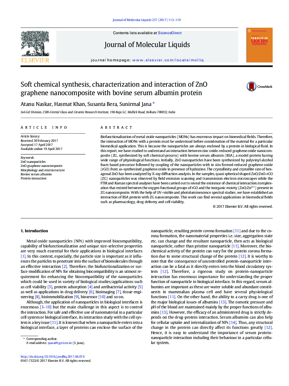 Soft chemical synthesis, characterization and interaction of ZnO graphene nanocomposite with bovine serum albumin protein