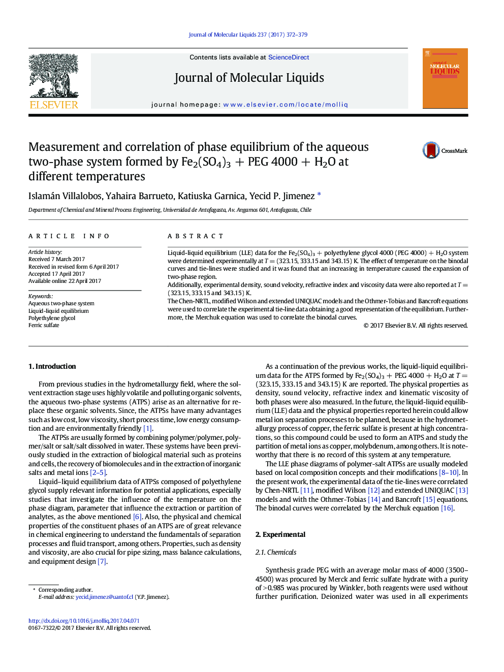 Measurement and correlation of phase equilibrium of the aqueous two-phase system formed by Fe2(SO4)3Â +Â PEG 4000Â +Â H2O at different temperatures