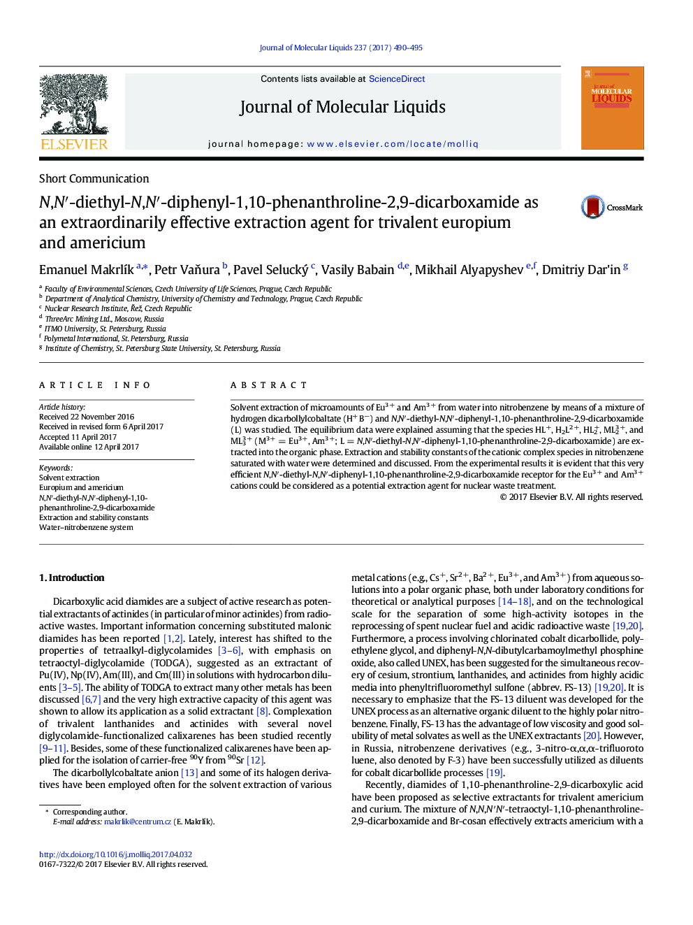 N,Nâ²-diethyl-N,Nâ²-diphenyl-1,10-phenanthroline-2,9-dicarboxamide as an extraordinarily effective extraction agent for trivalent europium and americium