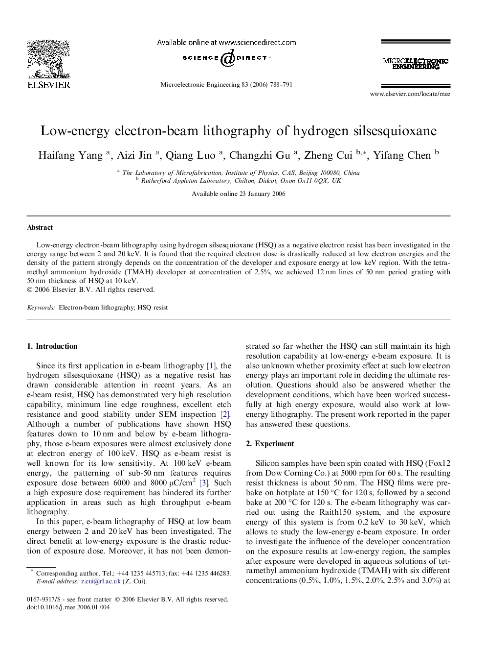 Low-energy electron-beam lithography of hydrogen silsesquioxane