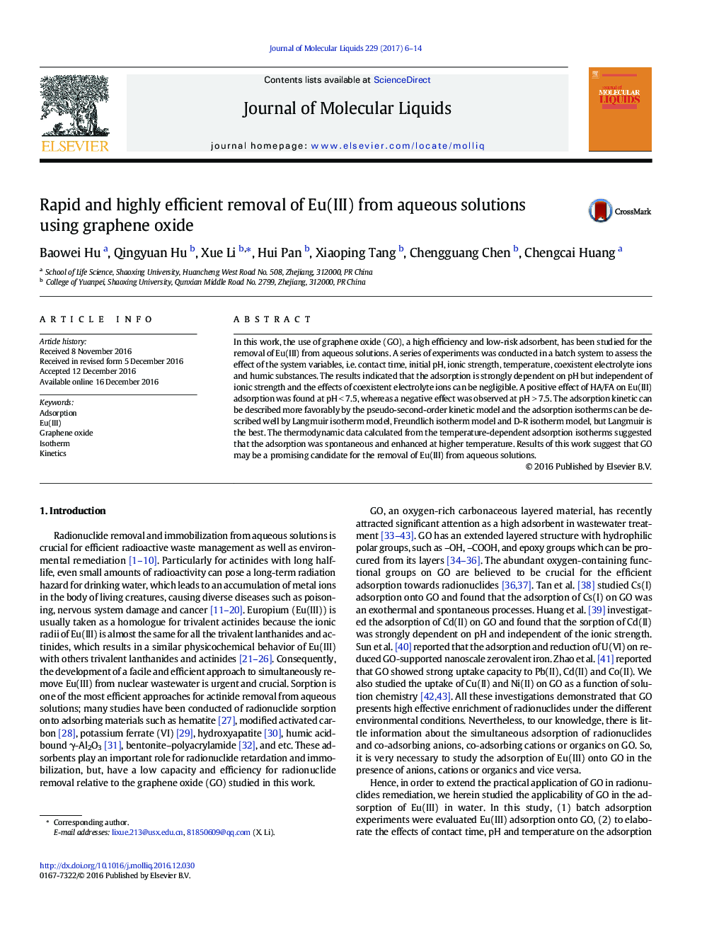 Rapid and highly efficient removal of Eu(III) from aqueous solutions using graphene oxide