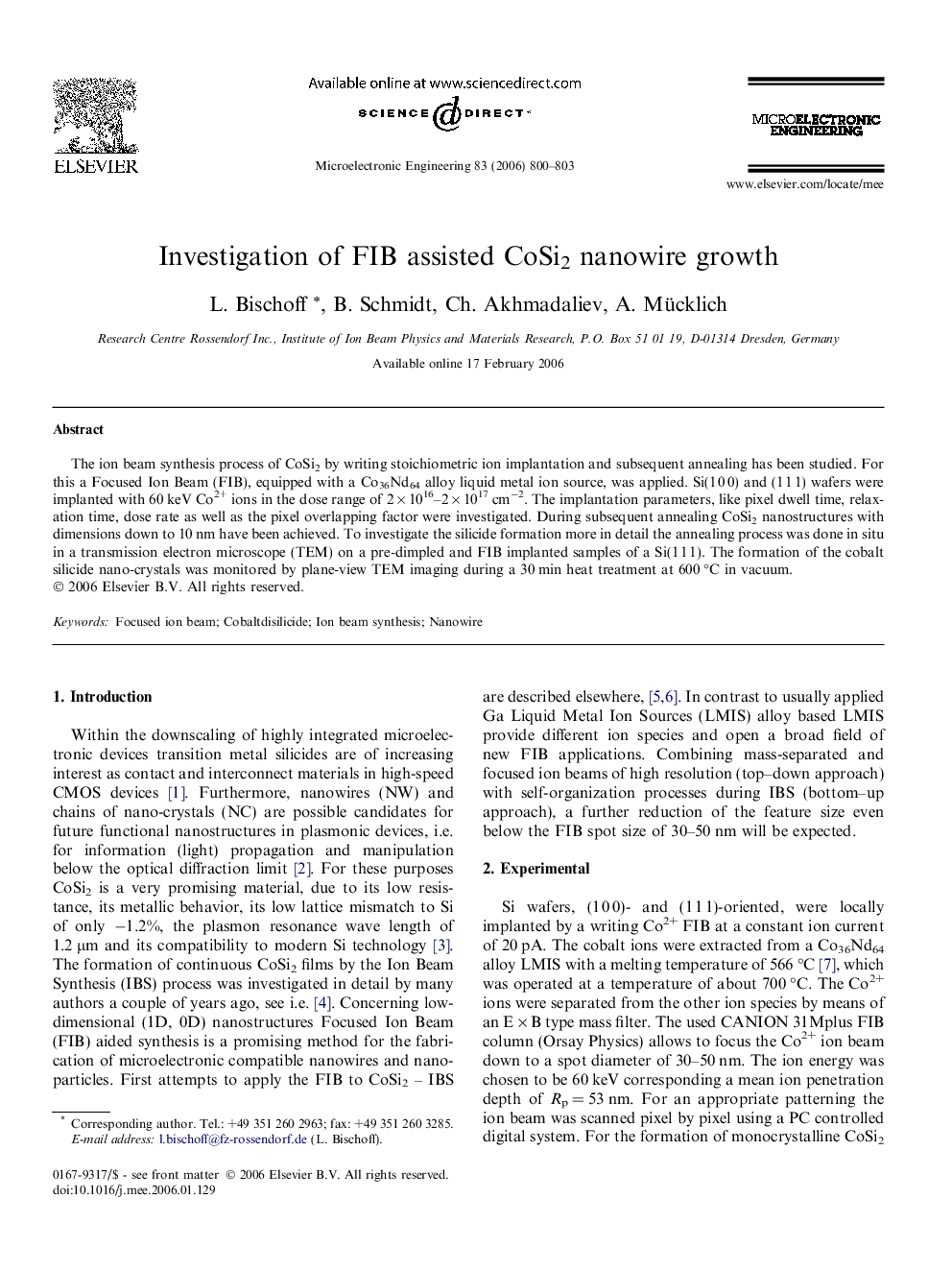 Investigation of FIB assisted CoSi2 nanowire growth