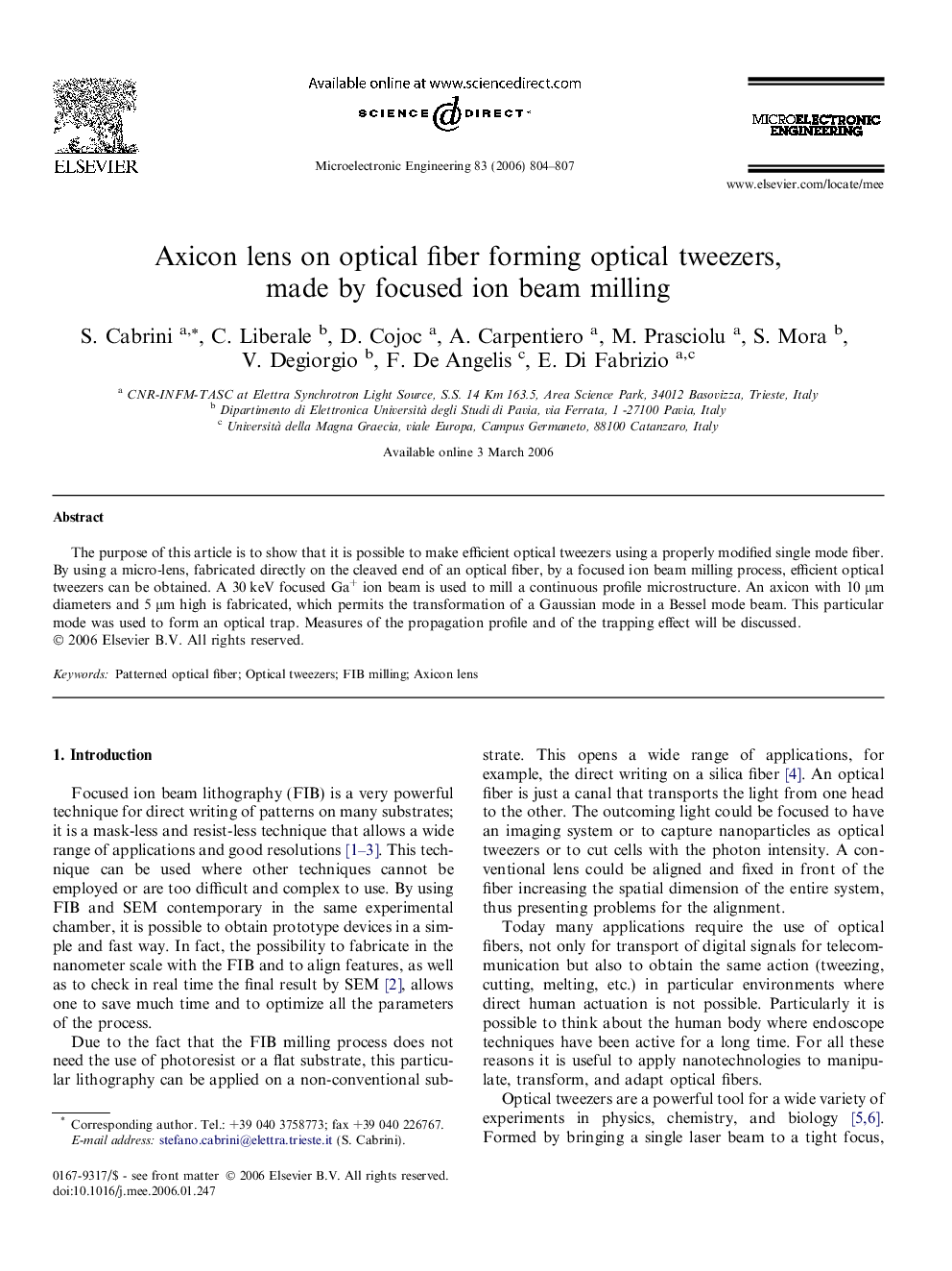 Axicon lens on optical fiber forming optical tweezers, made by focused ion beam milling